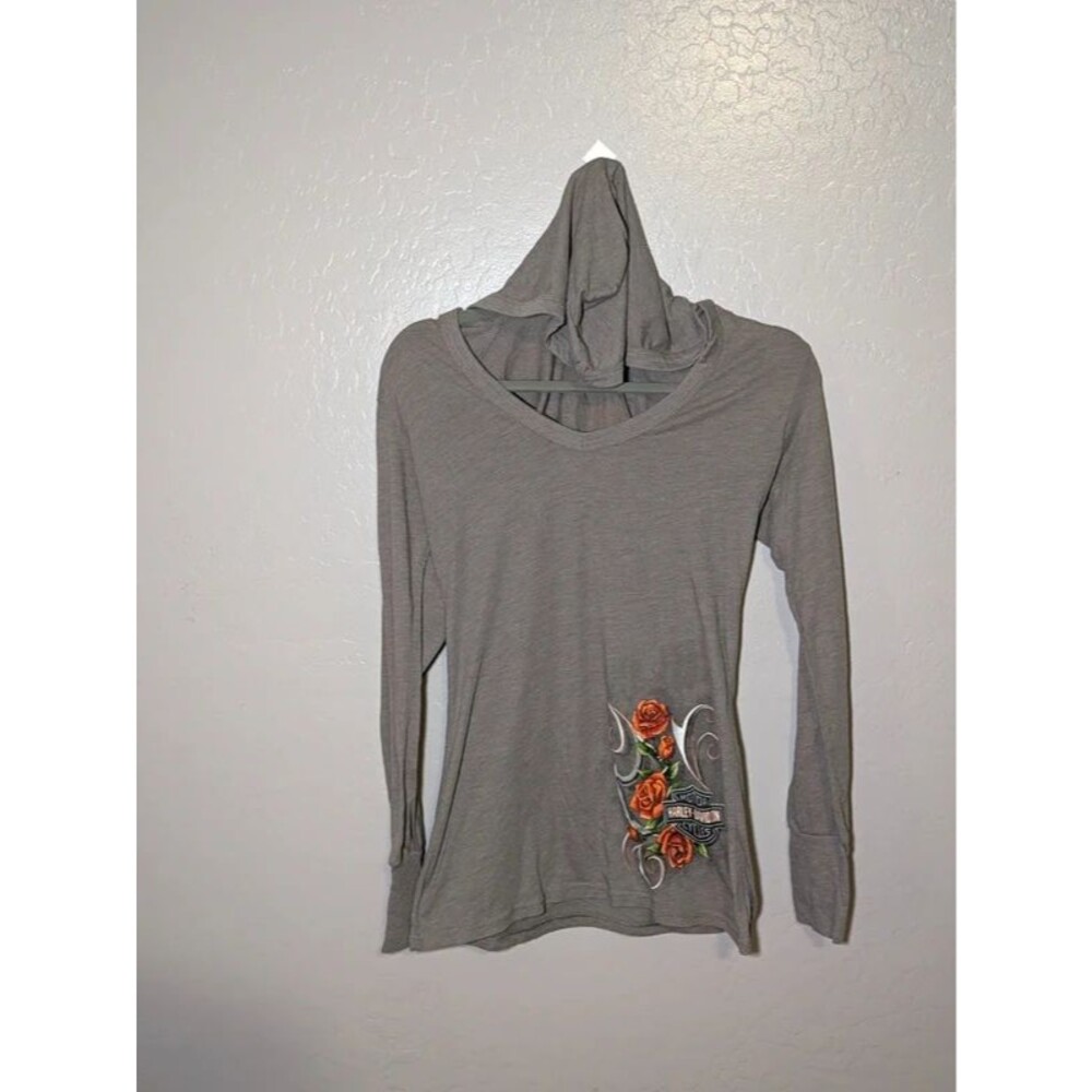 Harley Davidson Women’s M Gray Lightweight Hooded Shirt Roses Pomona Valley CA